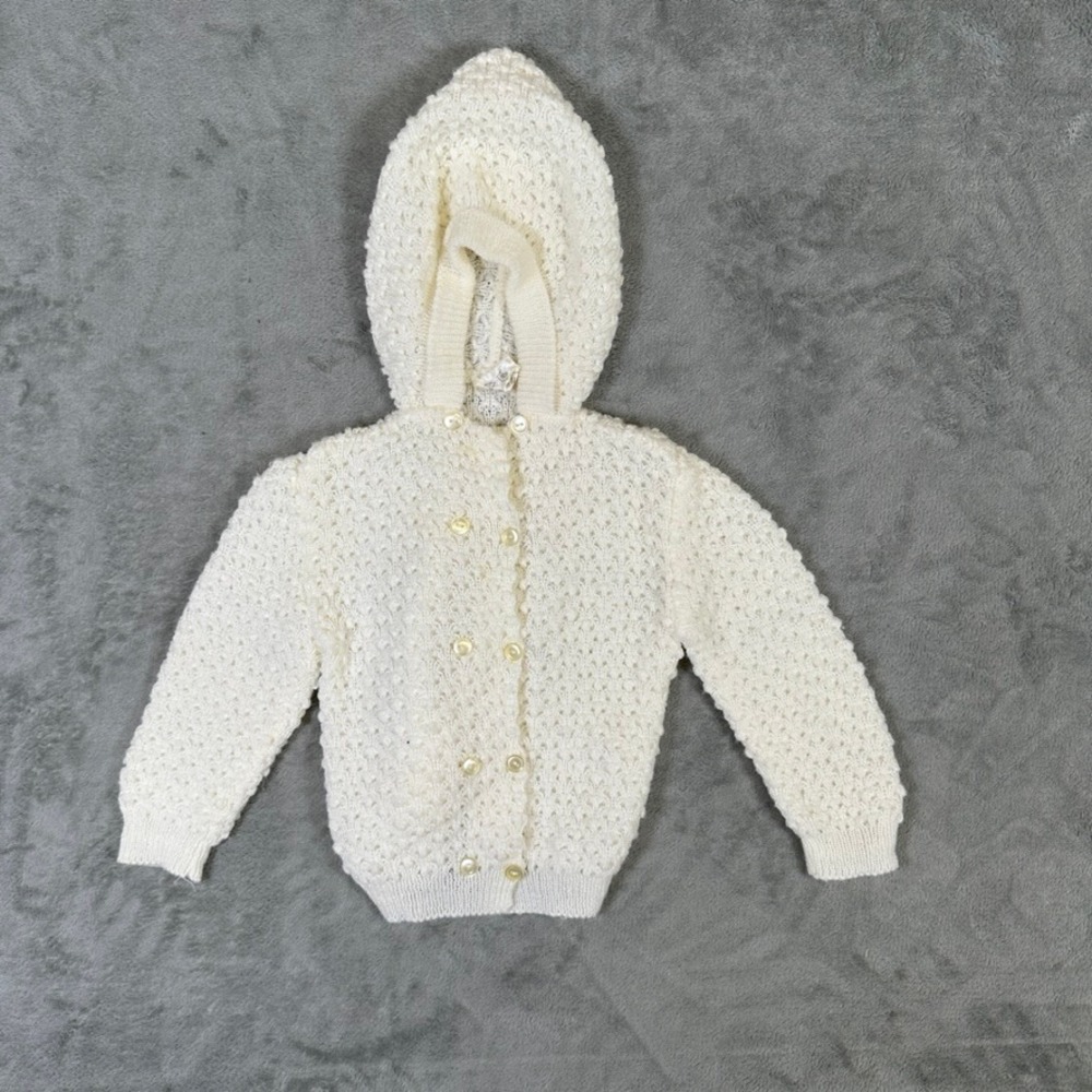 Vintage Handmade Knit Baby Set Ivory Hooded Cardigan & Pants Popcorn Pointelle